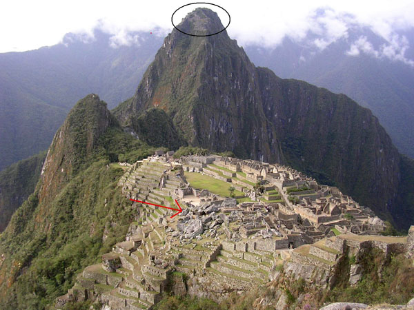  Red arrow points at the blocky ruins, the black oval points at the settlement on the top of Huayna
        Picchu