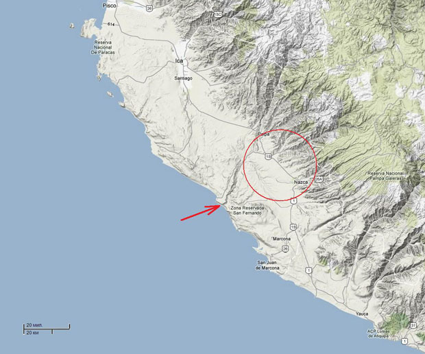 A regional map of the coast from Paracas and Ica in the north to the Atiquipa hills in the south (from
        Google map)
