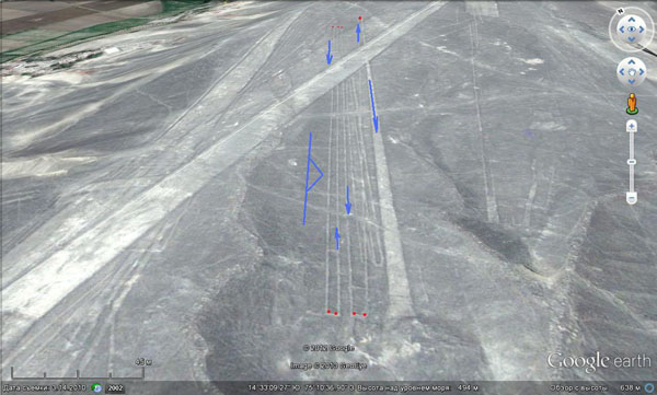  Arrows indicate the direction of water movement. Red dots indicate the heaps of stones at the turns. Near the wedge, one can see a fragment of a more ancient serpentine. The sloping in the past was to the east, nowadays it is at the viewer as well